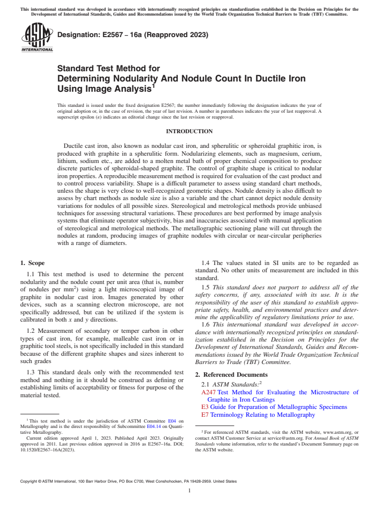 ASTM E2567-16a(2023) - Standard Test Method for  Determining Nodularity And Nodule Count In Ductile Iron Using  Image Analysis