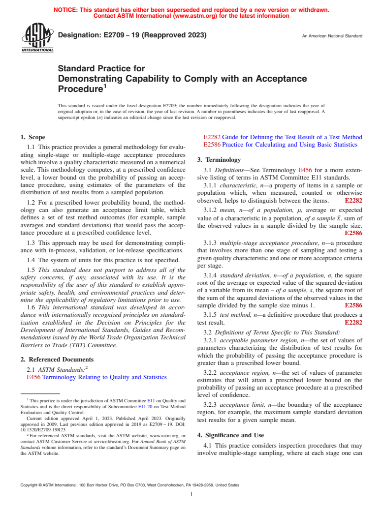 ASTM E2709-19(2023) - Standard Practice for  Demonstrating Capability to Comply with an Acceptance Procedure