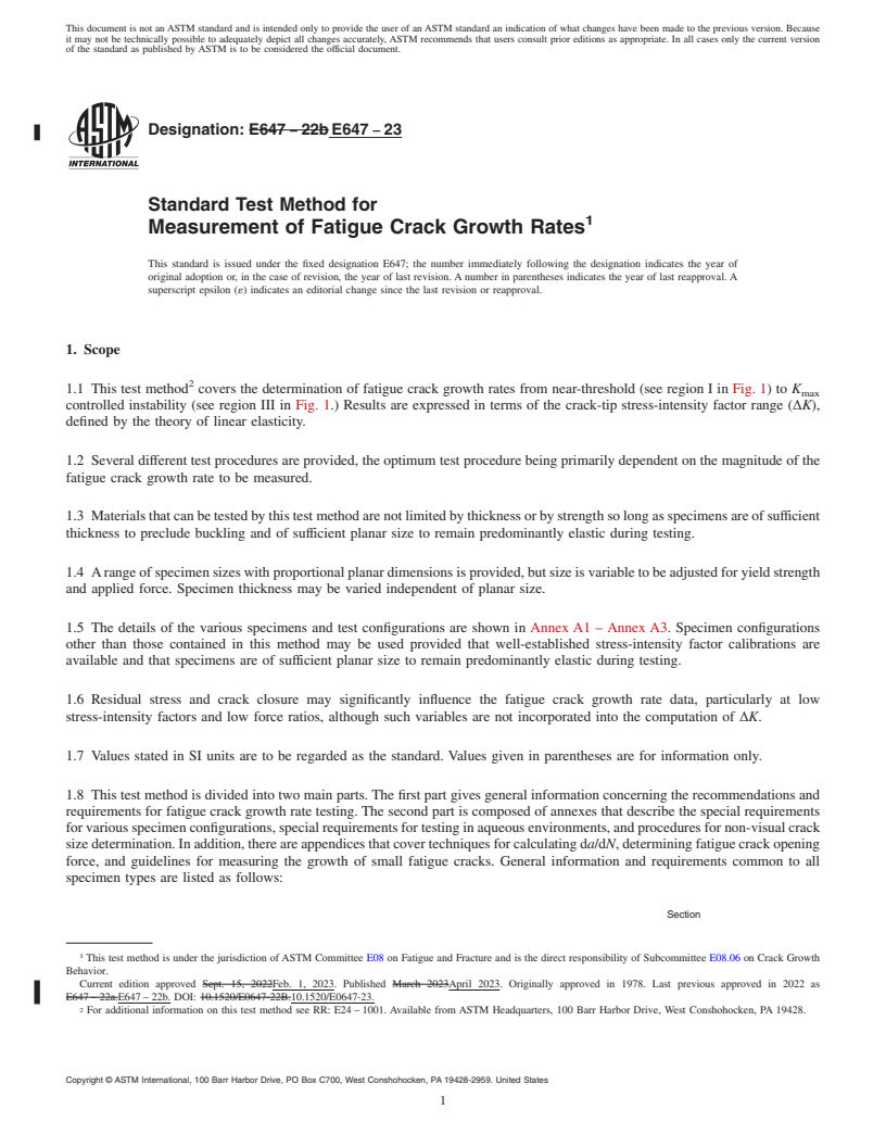 REDLINE ASTM E647-23 - Standard Test Method for  Measurement of Fatigue Crack Growth Rates