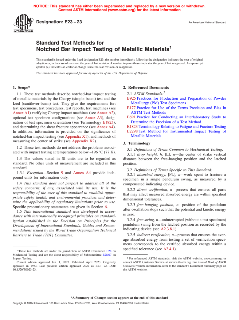 ASTM E23-23 - Standard Test Methods for Notched Bar Impact Testing of Metallic Materials