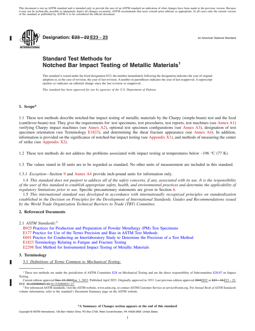 REDLINE ASTM E23-23 - Standard Test Methods for Notched Bar Impact Testing of Metallic Materials