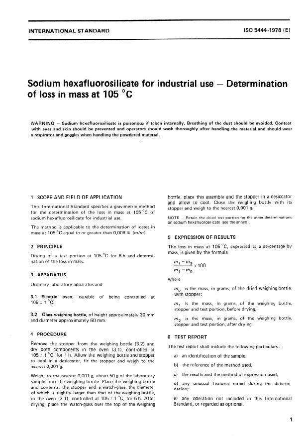 ISO 5444:1978 - Sodium fluorosilicate for industrial use -- Determination of loss in mass at 105 degrees C