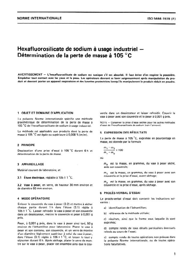 ISO 5444:1978 - Hexafluorosilicate de sodium a usage industriel -- Détermination de la perte de masse a 105 degrés C
