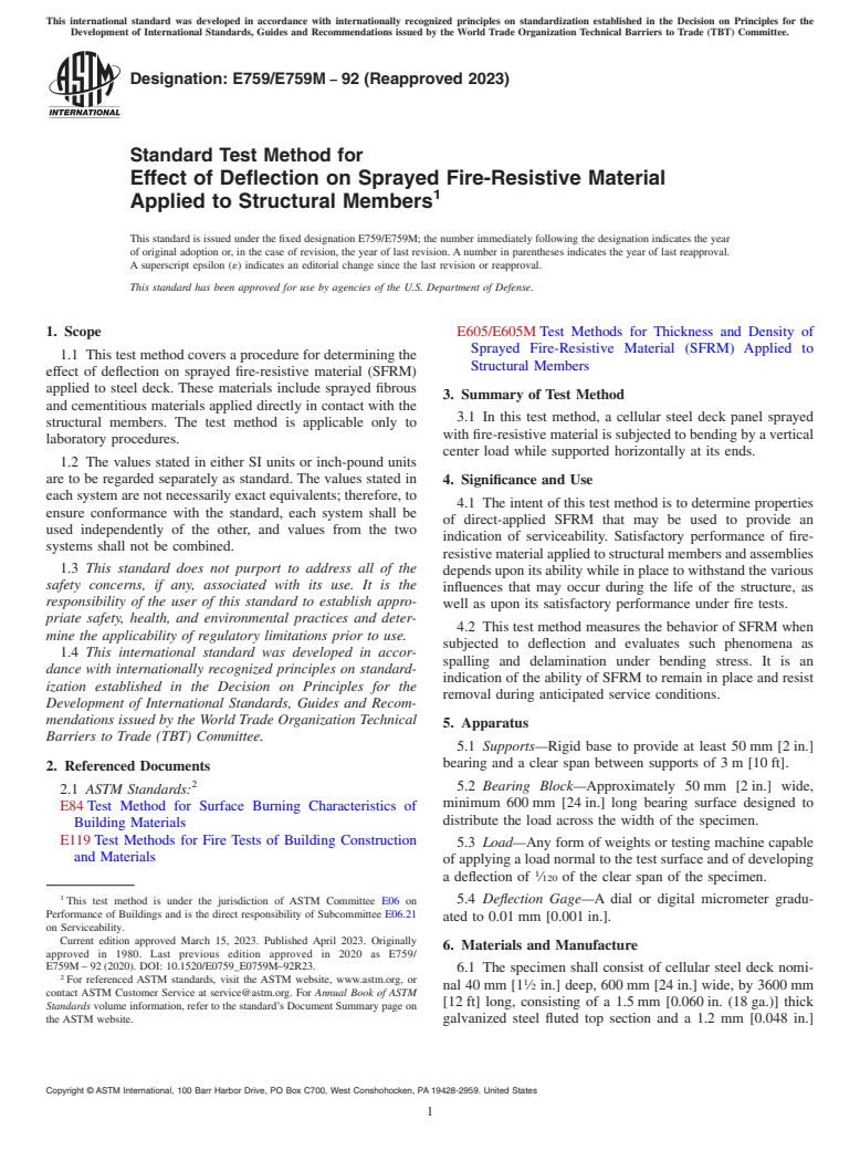 ASTM E759/E759M-92(2023) - Standard Test Method for Effect of Deflection on Sprayed Fire-Resistive Material Applied  to Structural Members