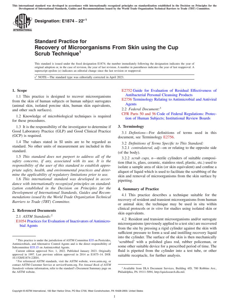 ASTM E1874-22e1 - Standard Practice for  Recovery of Microorganisms From Skin using the Cup Scrub Technique