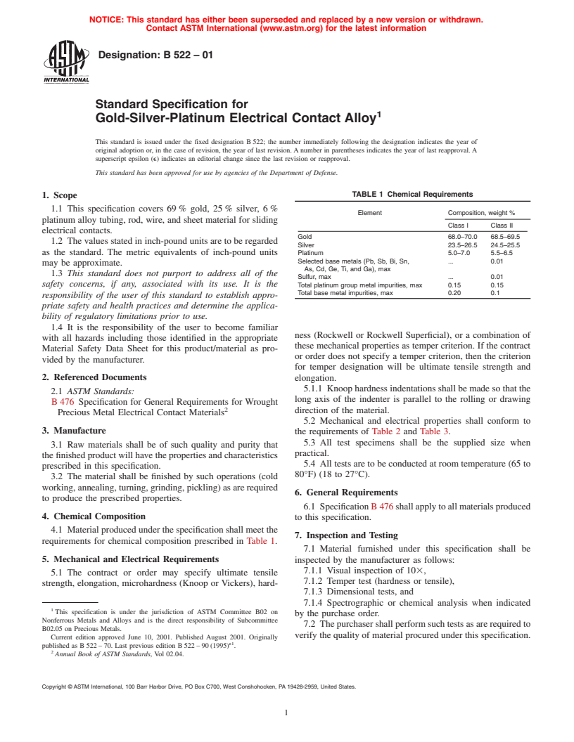 ASTM B522-01 - Standard Specification for Gold-Silver-Platinum Electrical Contact Alloy