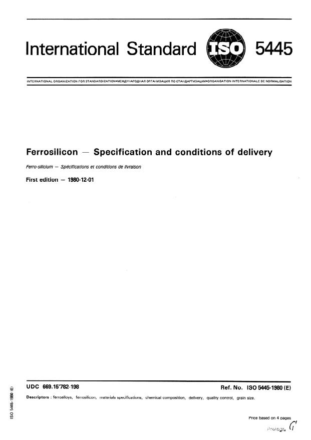 ISO 5445:1980 - Ferrosilicon -- Specification and conditions of delivery
