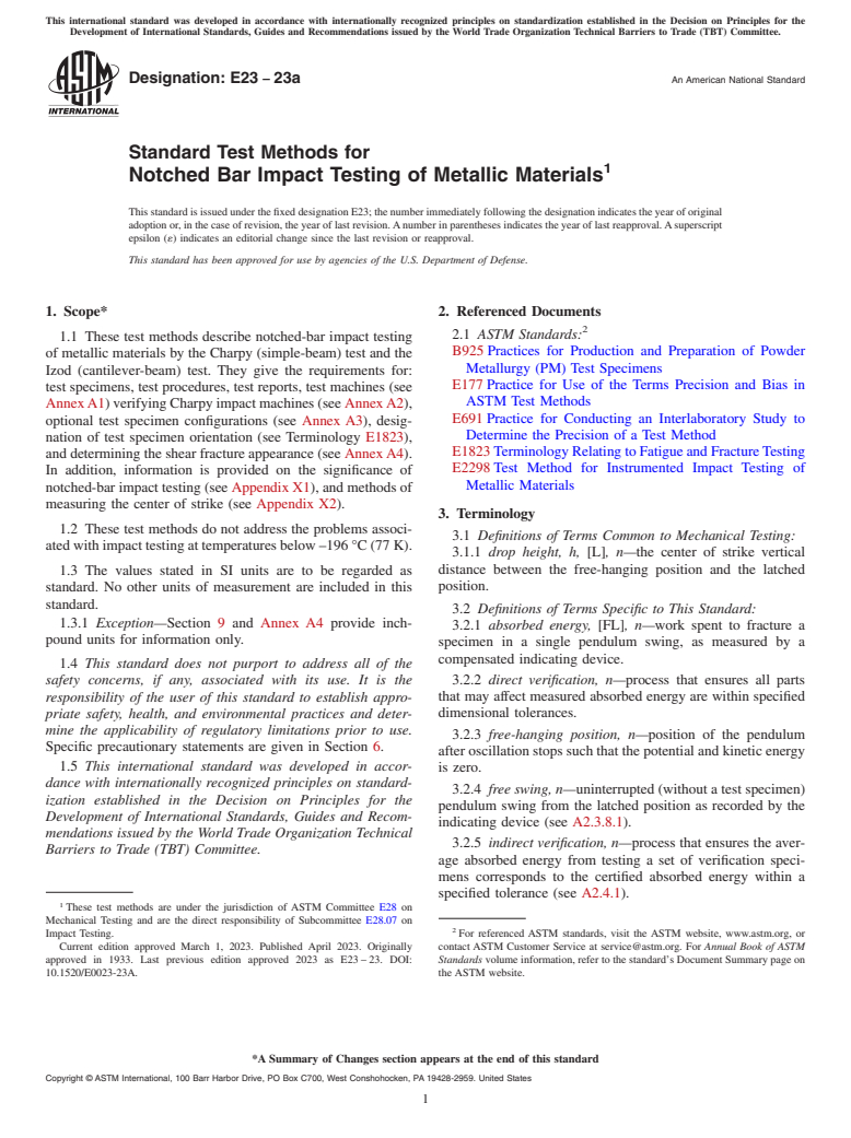ASTM E23-23a - Standard Test Methods for Notched Bar Impact Testing of Metallic Materials