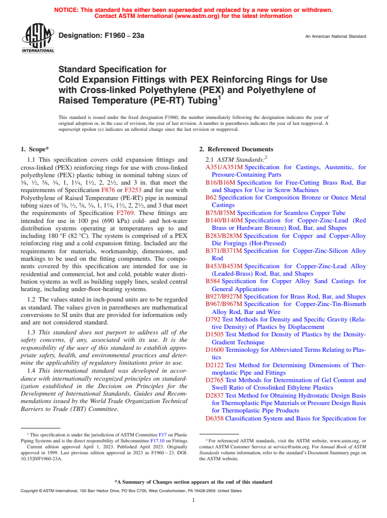 ASTM F1960-23a - Standard Specification for  Cold Expansion Fittings with PEX Reinforcing Rings for Use   with Cross-linked Polyethylene (PEX) and Polyethylene of Raised Temperature  (PE-RT) Tubing