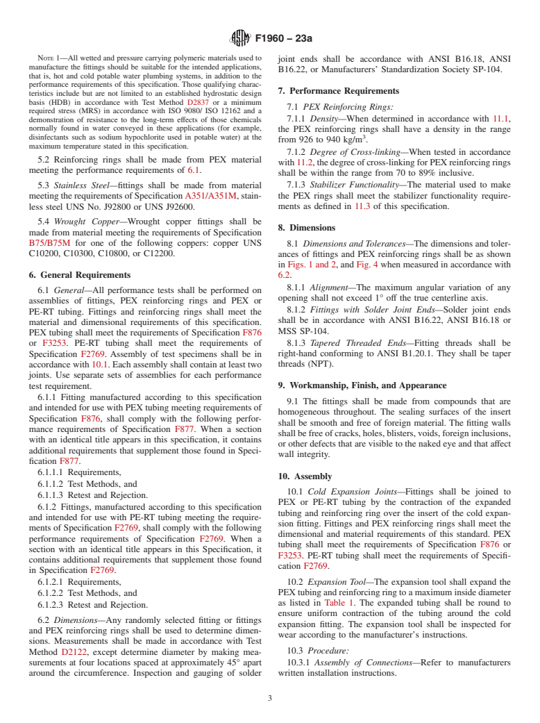 ASTM F1960-23a - Standard Specification for  Cold Expansion Fittings with PEX Reinforcing Rings for Use   with Cross-linked Polyethylene (PEX) and Polyethylene of Raised Temperature  (PE-RT) Tubing