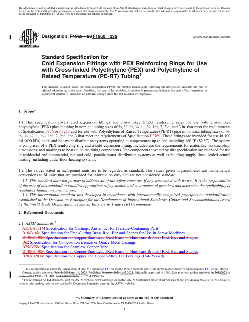 REDLINE ASTM F1960-23a - Standard Specification for  Cold Expansion Fittings with PEX Reinforcing Rings for Use   with Cross-linked Polyethylene (PEX) and Polyethylene of Raised Temperature  (PE-RT) Tubing