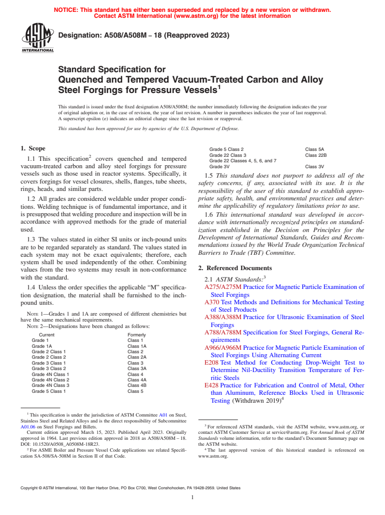 ASTM A508/A508M-18(2023) - Standard Specification for Quenched and Tempered Vacuum-Treated Carbon and Alloy Steel  Forgings for Pressure Vessels