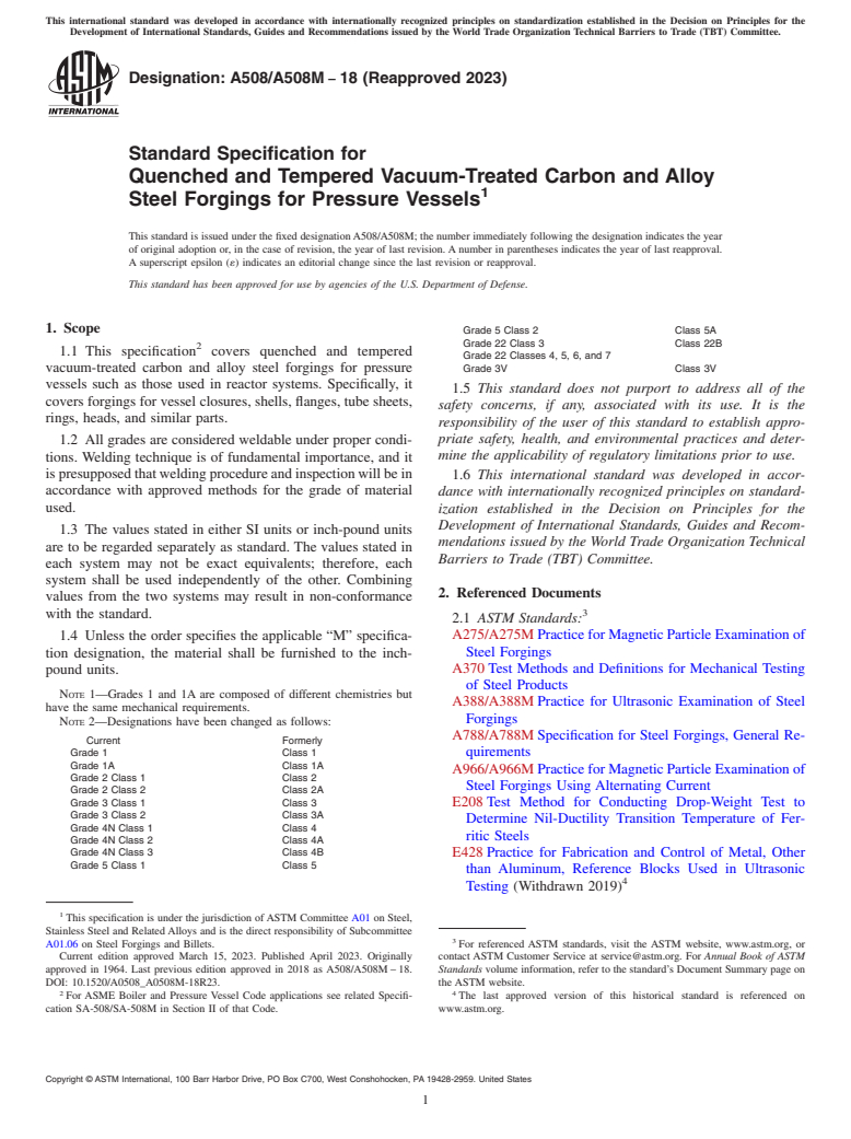 ASTM A508/A508M-18(2023) - Standard Specification for Quenched and Tempered Vacuum-Treated Carbon and Alloy Steel  Forgings for Pressure Vessels