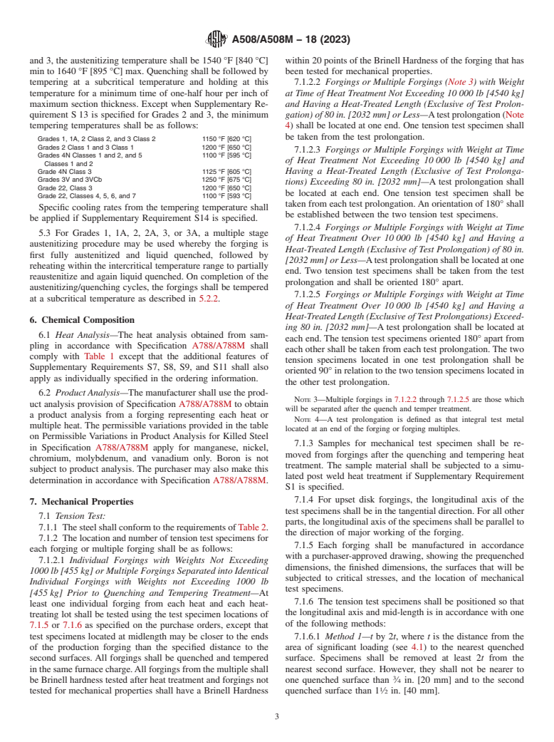 ASTM A508/A508M-18(2023) - Standard Specification for Quenched and Tempered Vacuum-Treated Carbon and Alloy Steel  Forgings for Pressure Vessels