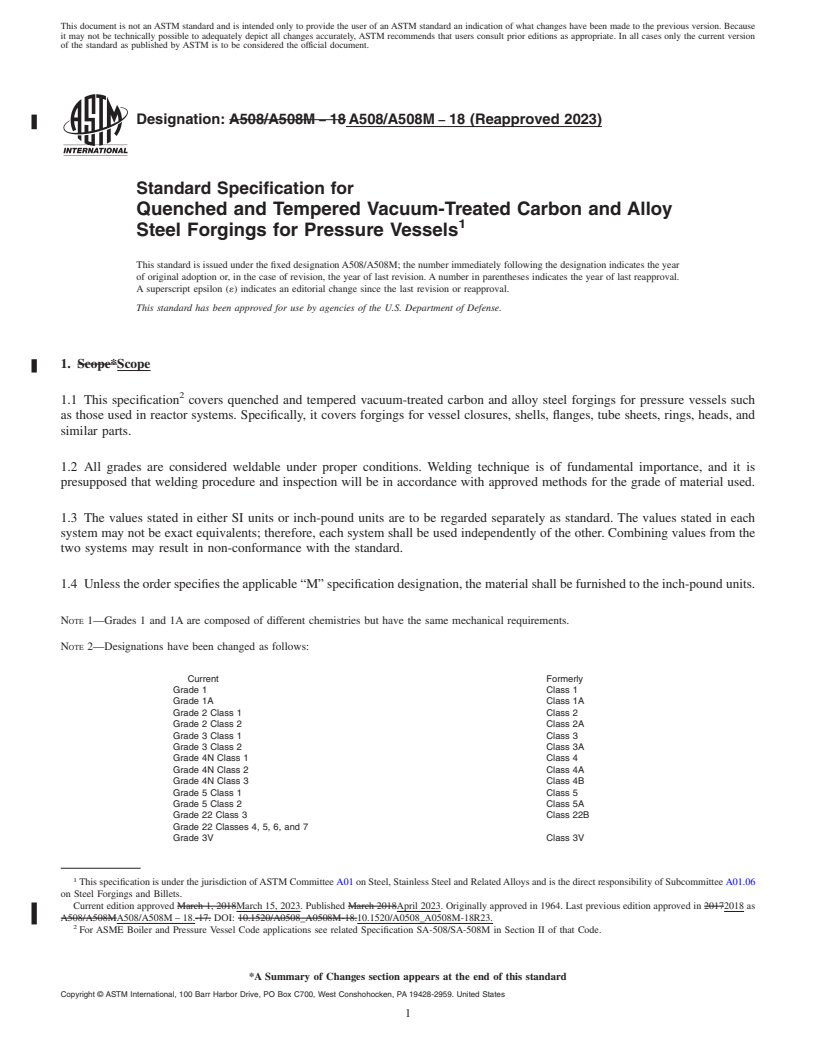 REDLINE ASTM A508/A508M-18(2023) - Standard Specification for Quenched and Tempered Vacuum-Treated Carbon and Alloy Steel  Forgings for Pressure Vessels