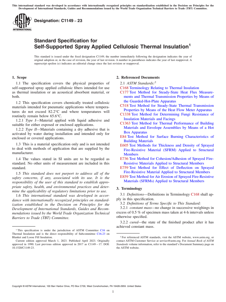 ASTM C1149-23 - Standard Specification for Self-Supported Spray Applied Cellulosic Thermal Insulation