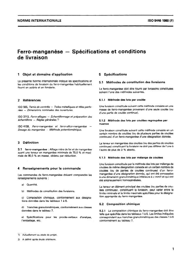 ISO 5446:1980 - Ferro-manganese -- Spécifications et conditions de livraison