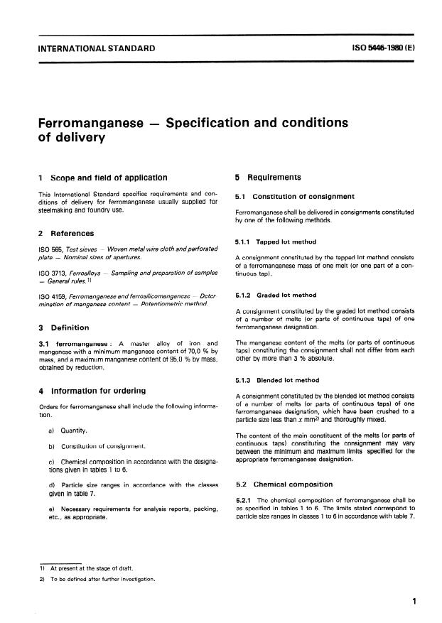 ISO 5446:1980 - Ferromanganese -- Specification and conditions of delivery