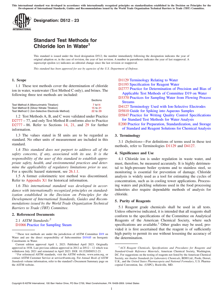 ASTM D512-23 - Standard Test Methods for  Chloride Ion In Water