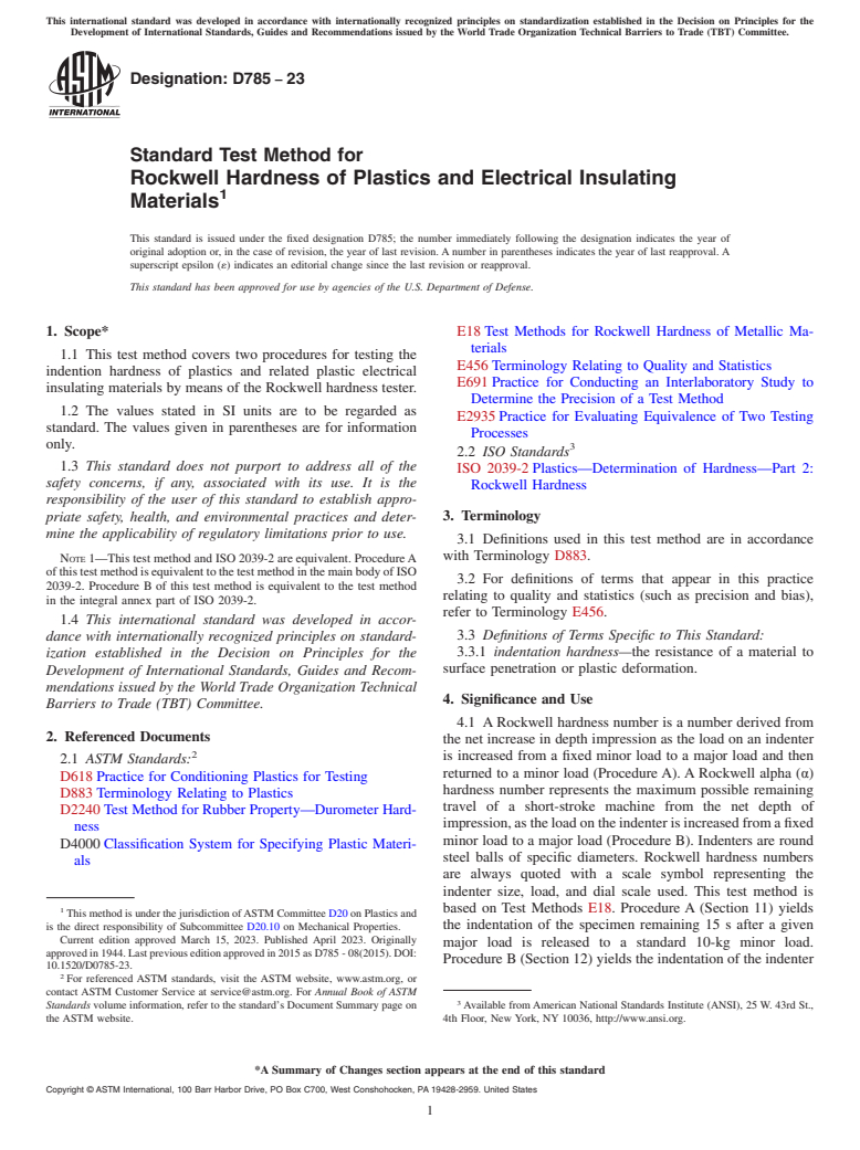 ASTM D785-23 - Standard Test Method for  Rockwell Hardness of Plastics and Electrical Insulating Materials