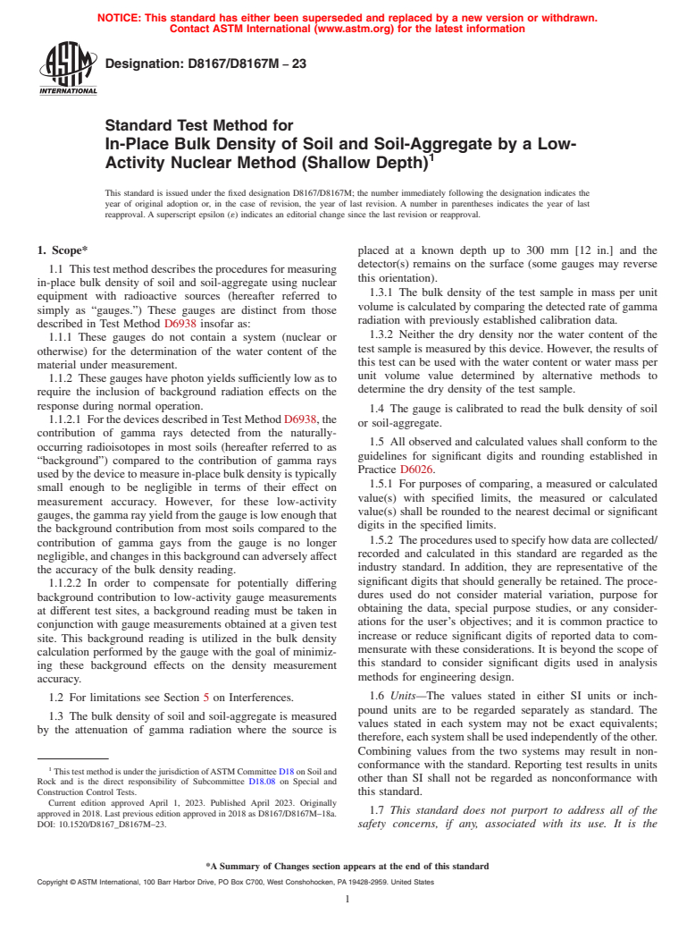 ASTM D8167/D8167M-23 - Standard Test Method for In-Place Bulk Density of Soil and Soil-Aggregate by a Low-Activity  Nuclear Method (Shallow Depth)