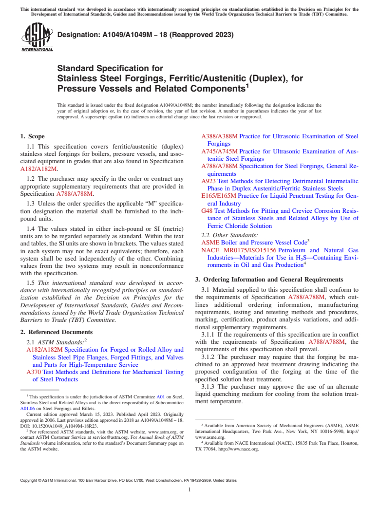 ASTM A1049/A1049M-18(2023) - Standard Specification for Stainless Steel Forgings, Ferritic/Austenitic (Duplex), for  Pressure Vessels and Related Components