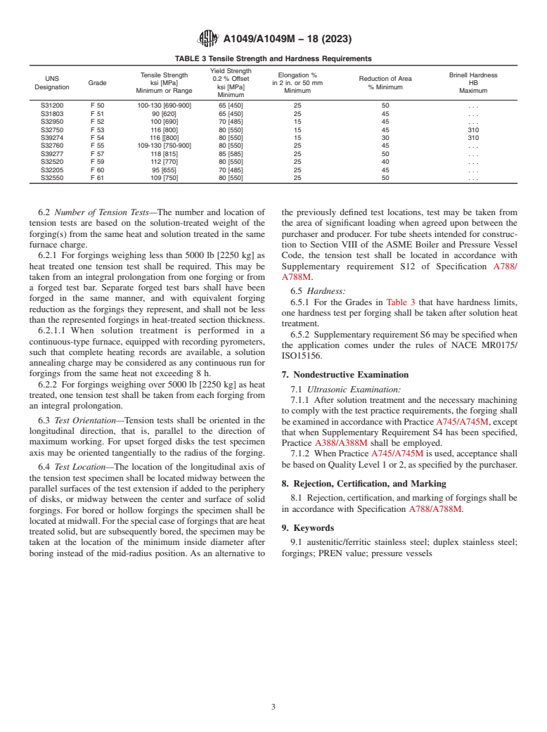 ASTM A1049/A1049M-18(2023) - Standard Specification for Stainless Steel Forgings, Ferritic/Austenitic (Duplex), for  Pressure Vessels and Related Components