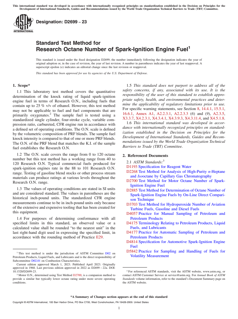 ASTM D2699-23 - Standard Test Method for Research Octane Number of Spark-Ignition Engine Fuel