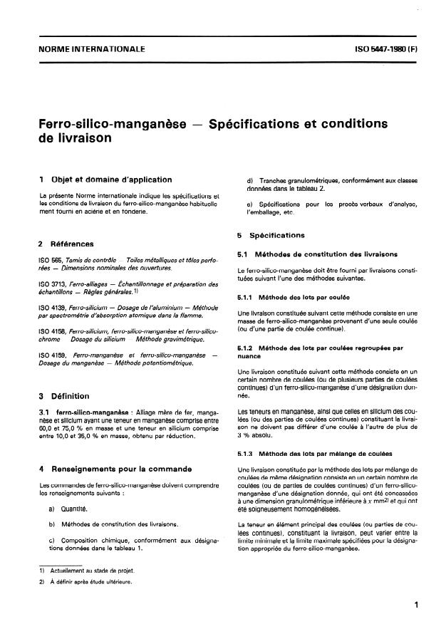 ISO 5447:1980 - Ferro-silico-manganese -- Spécifications et conditions de livraison