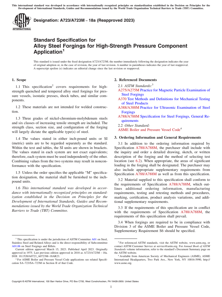 ASTM A723/A723M-18a(2023) - Standard Specification for Alloy Steel Forgings for High-Strength Pressure Component Application