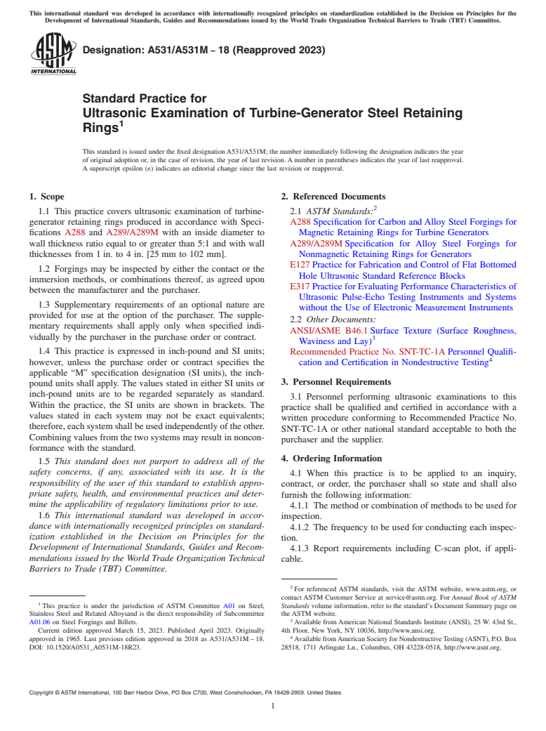 ASTM A531/A531M-18(2023) - Standard Practice for Ultrasonic Examination of Turbine-Generator Steel Retaining  Rings