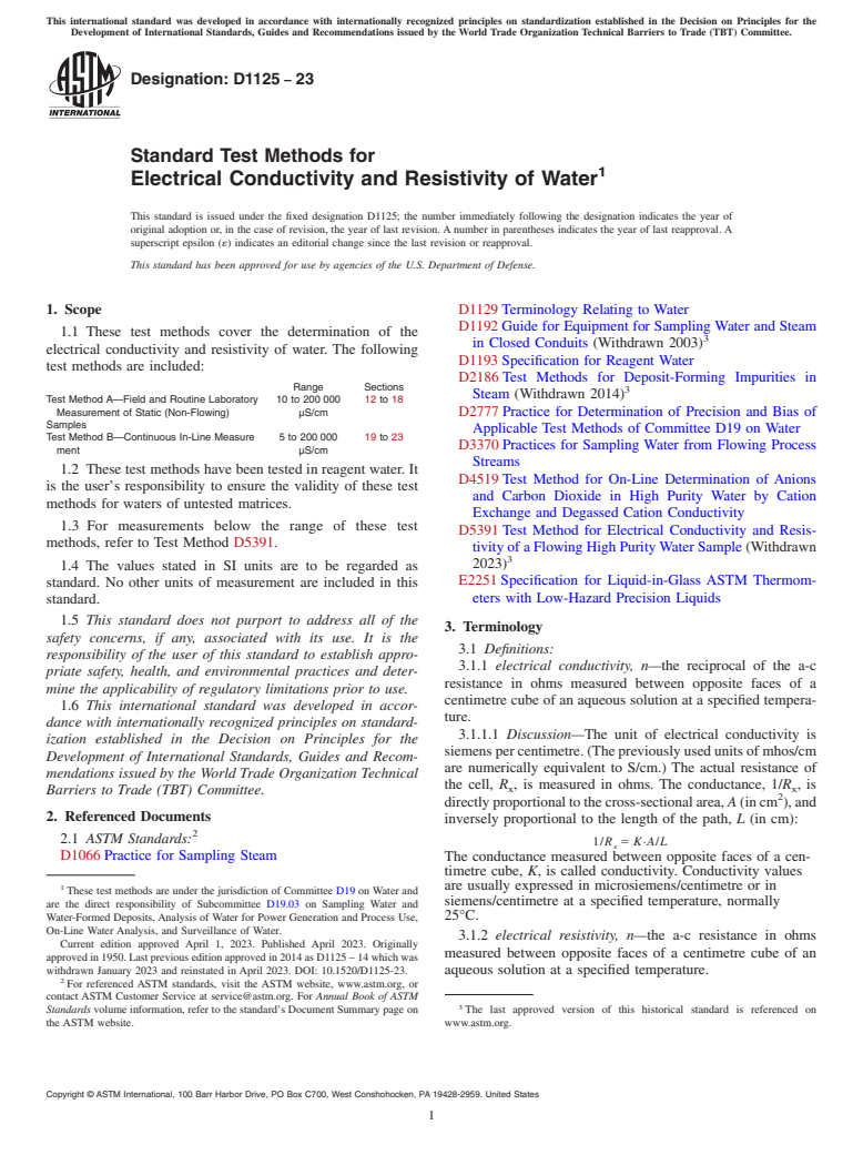 ASTM D1125-23 - Standard Test Methods for  Electrical Conductivity and Resistivity of Water