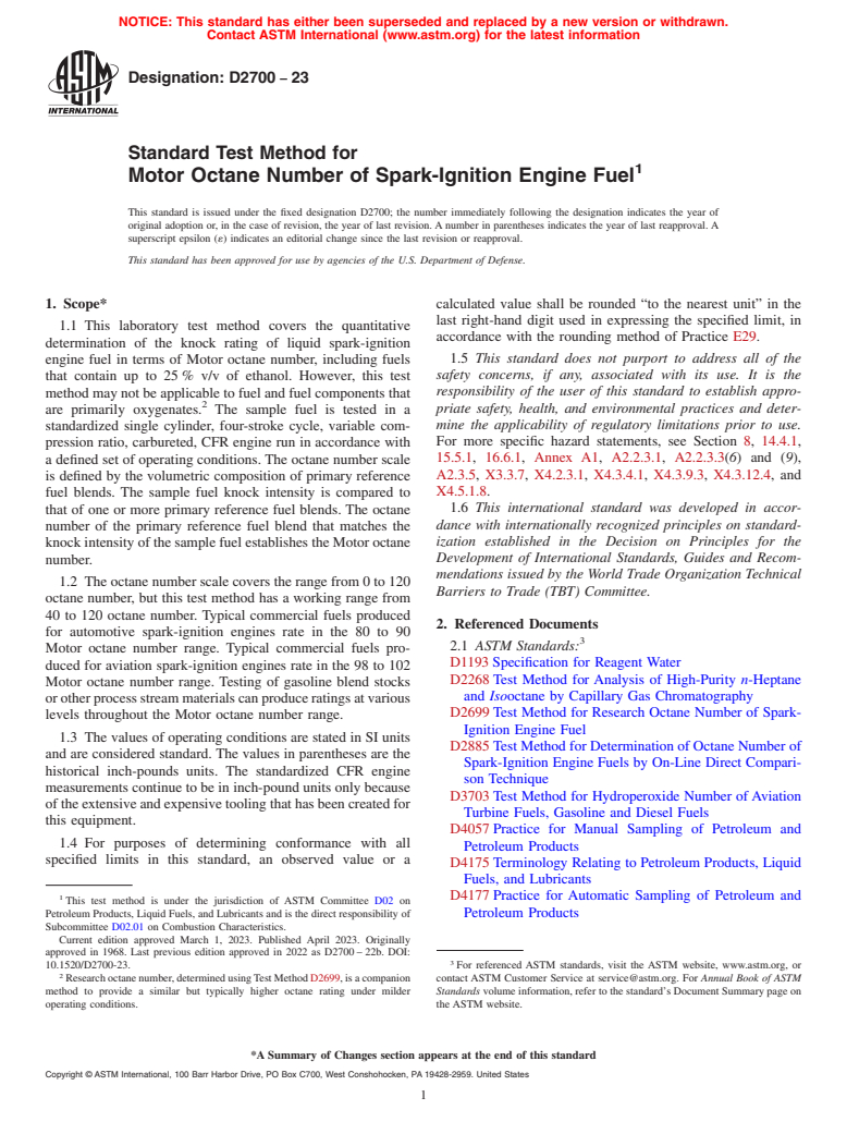 ASTM D2700-23 - Standard Test Method for Motor Octane Number of Spark-Ignition Engine Fuel