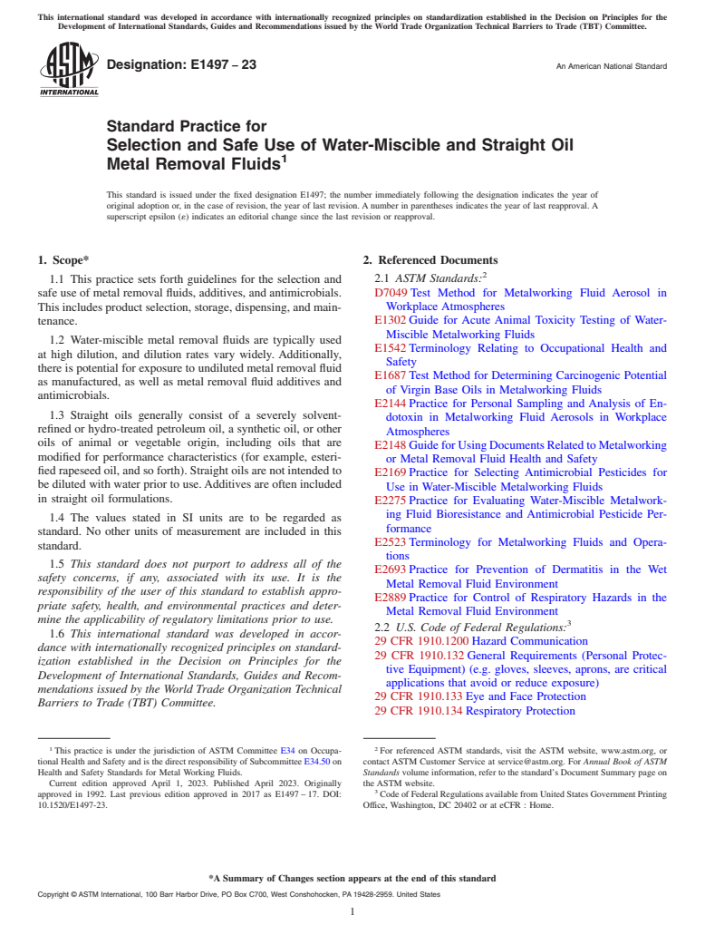 ASTM E1497-23 - Standard Practice for Selection and Safe Use of Water-Miscible and Straight Oil Metal  Removal Fluids