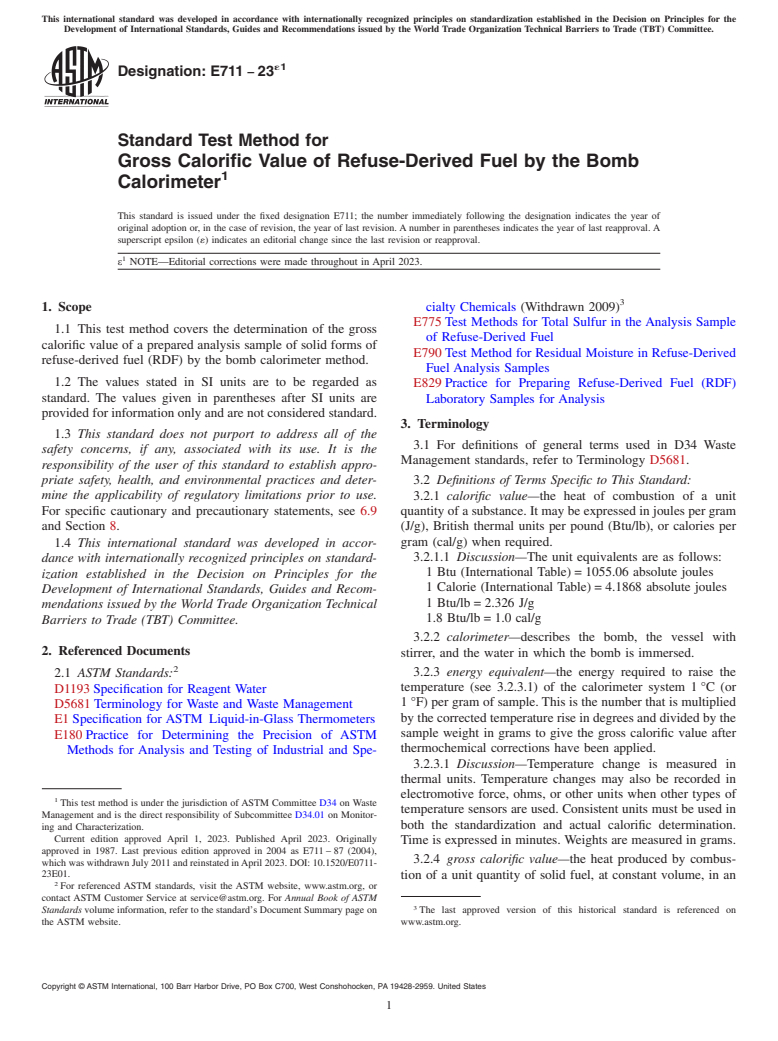 ASTM E711-23e1 - Standard Test Method for  Gross Calorific Value of Refuse-Derived Fuel by the Bomb Calorimeter