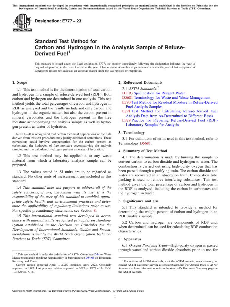 ASTM E777-23 - Standard Test Method for  Carbon and Hydrogen in the Analysis Sample of Refuse-Derived  Fuel