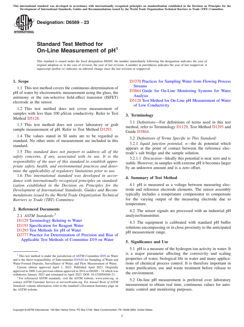 ASTM D6569-23 - Standard Test Method for  On-Line Measurement of pH