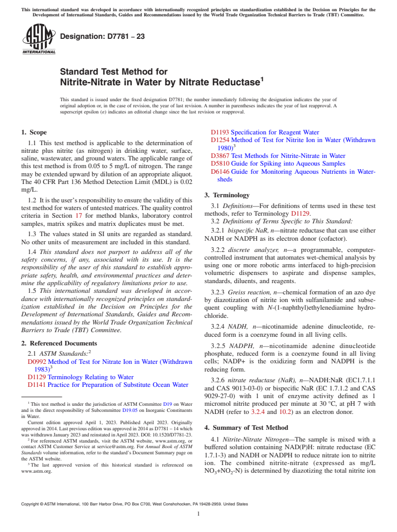 ASTM D7781-23 - Standard Test Method for Nitrite-Nitrate in Water by Nitrate Reductase