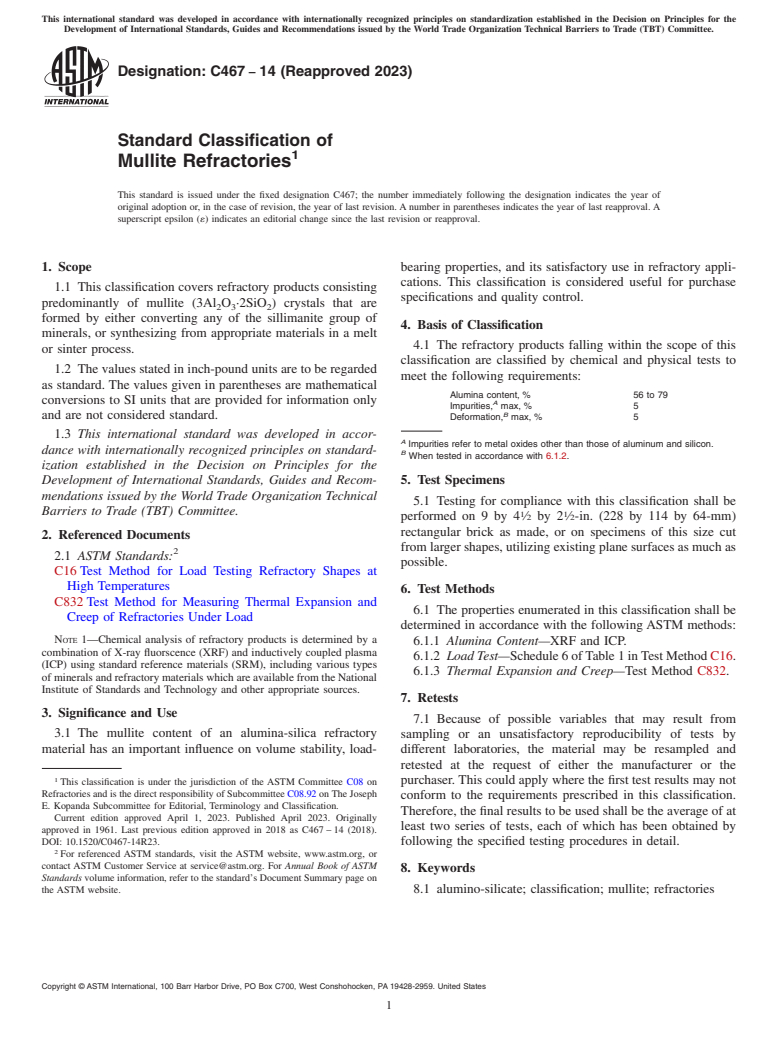 ASTM C467-14(2023) - Standard Classification of  Mullite Refractories