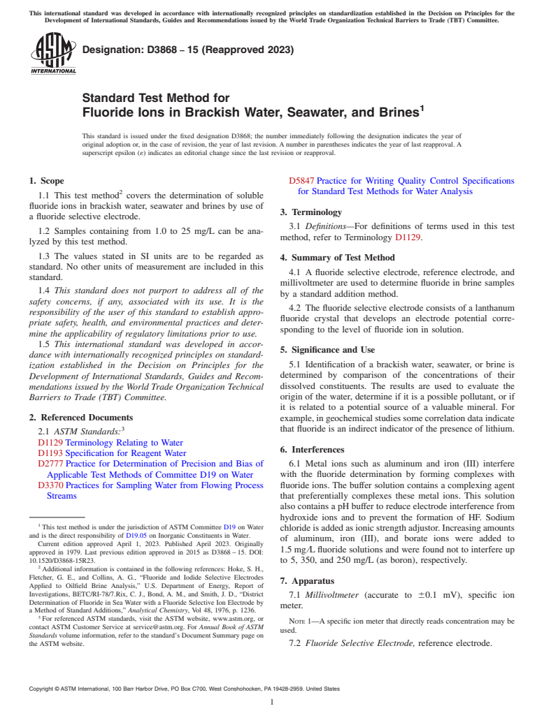 ASTM D3868-15(2023) - Standard Test Method for  Fluoride Ions in Brackish Water, Seawater, and Brines