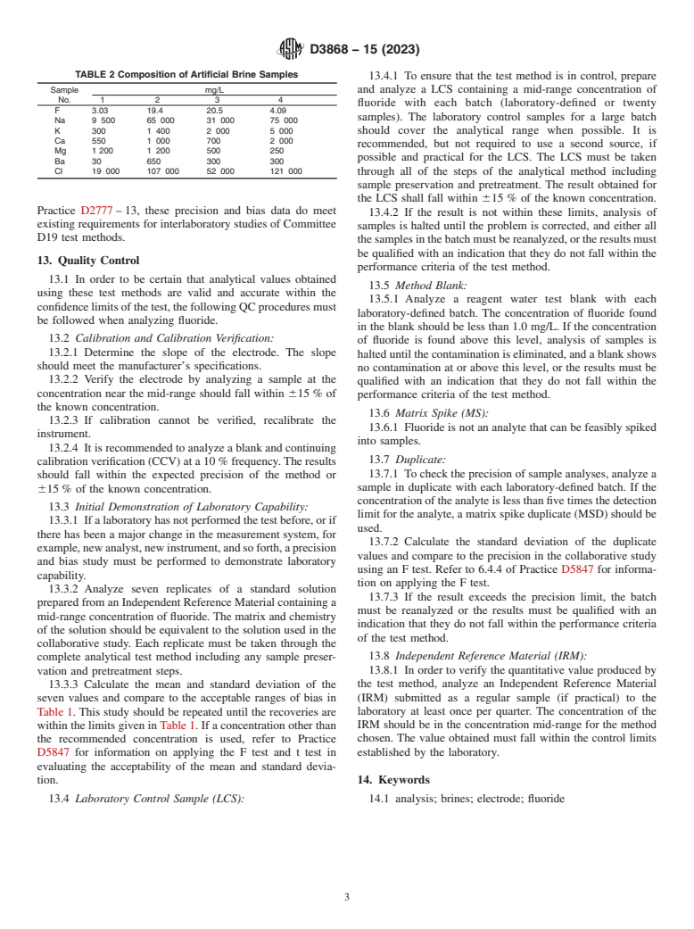 ASTM D3868-15(2023) - Standard Test Method for  Fluoride Ions in Brackish Water, Seawater, and Brines