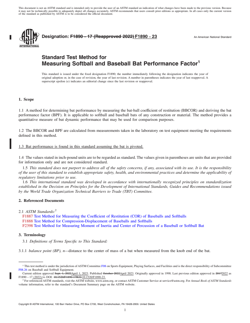 REDLINE ASTM F1890-23 - Standard Test Method for Measuring Softball and Baseball Bat Performance Factor