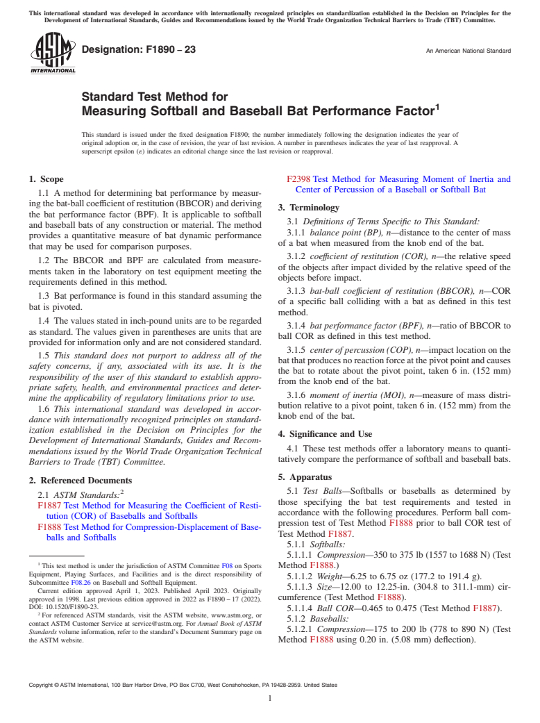 ASTM F1890-23 - Standard Test Method for Measuring Softball and Baseball Bat Performance Factor