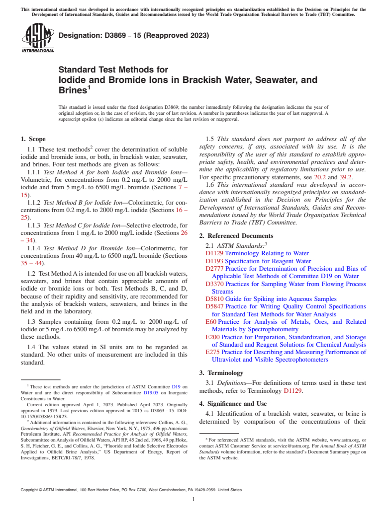 ASTM D3869-15(2023) - Standard Test Methods for  Iodide and Bromide Ions in Brackish Water, Seawater, and Brines