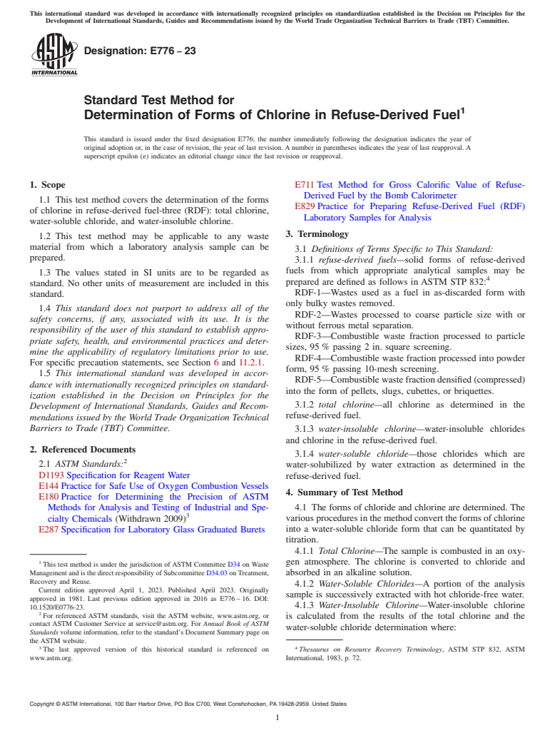 ASTM E776-23 - Standard Test Method for  Determination of Forms of Chlorine in Refuse-Derived Fuel