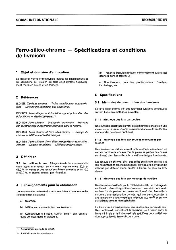 ISO 5449:1980 - Ferro-silico-chrome -- Spécifications et conditions de livraison