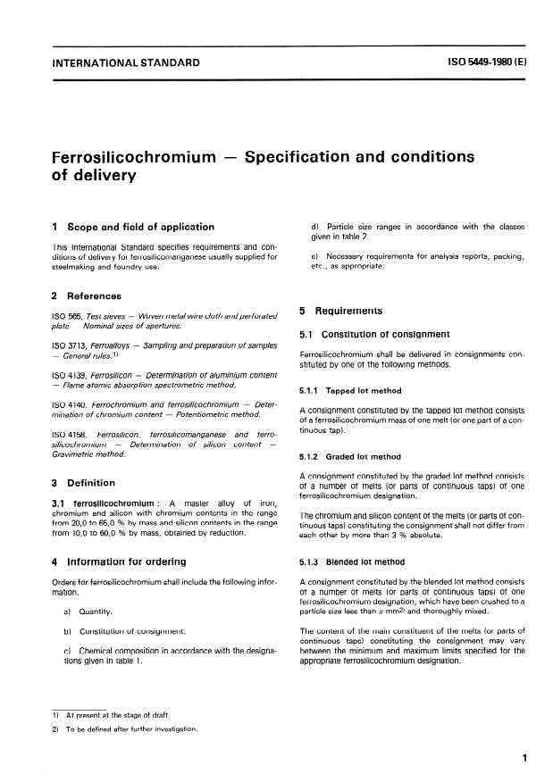 ISO 5449:1980 - Ferrosilicochromium -- Specification and conditions of delivery