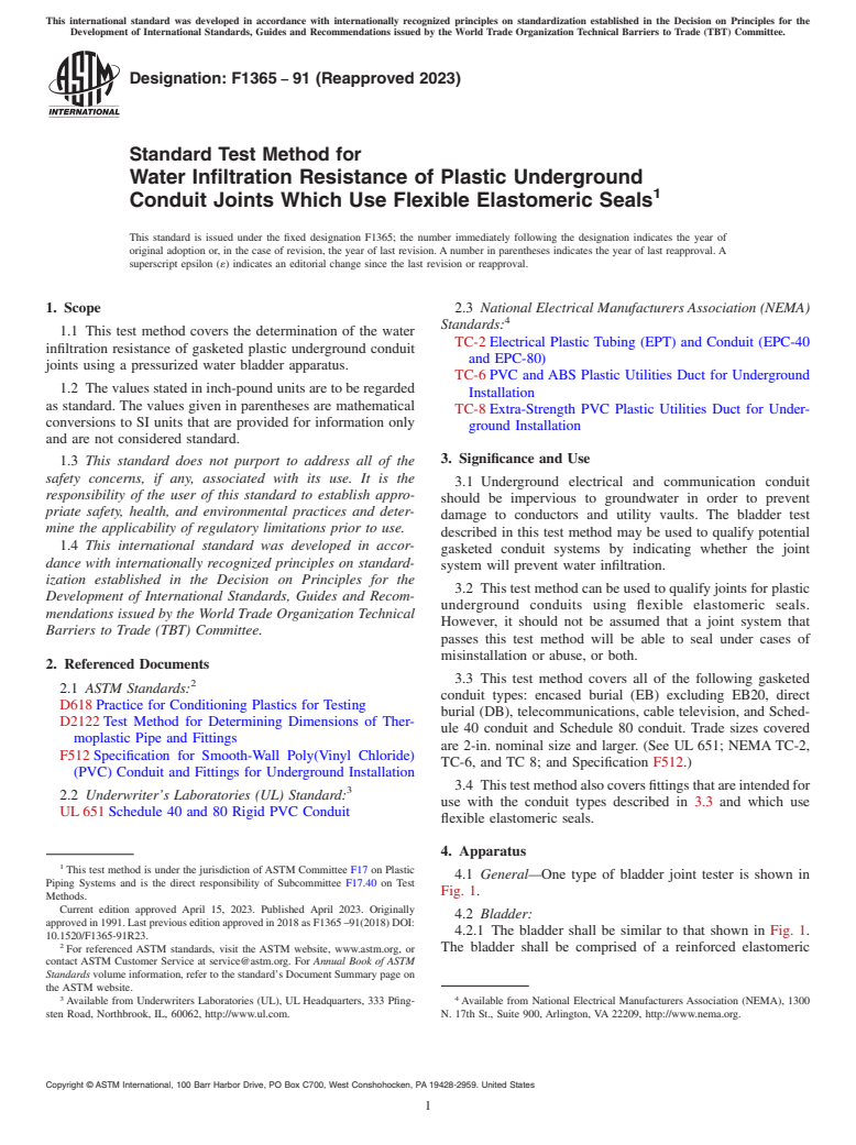 ASTM F1365-91(2023) - Standard Test Method for  Water Infiltration Resistance of Plastic Underground Conduit   Joints Which Use Flexible Elastomeric Seals