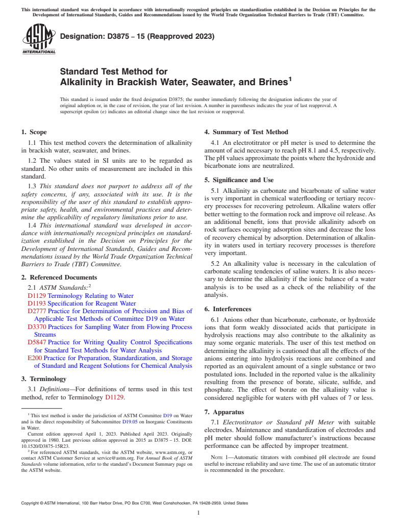 ASTM D3875-15(2023) - Standard Test Method for  Alkalinity in Brackish Water, Seawater, and Brines