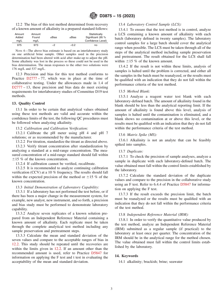 ASTM D3875-15(2023) - Standard Test Method for  Alkalinity in Brackish Water, Seawater, and Brines